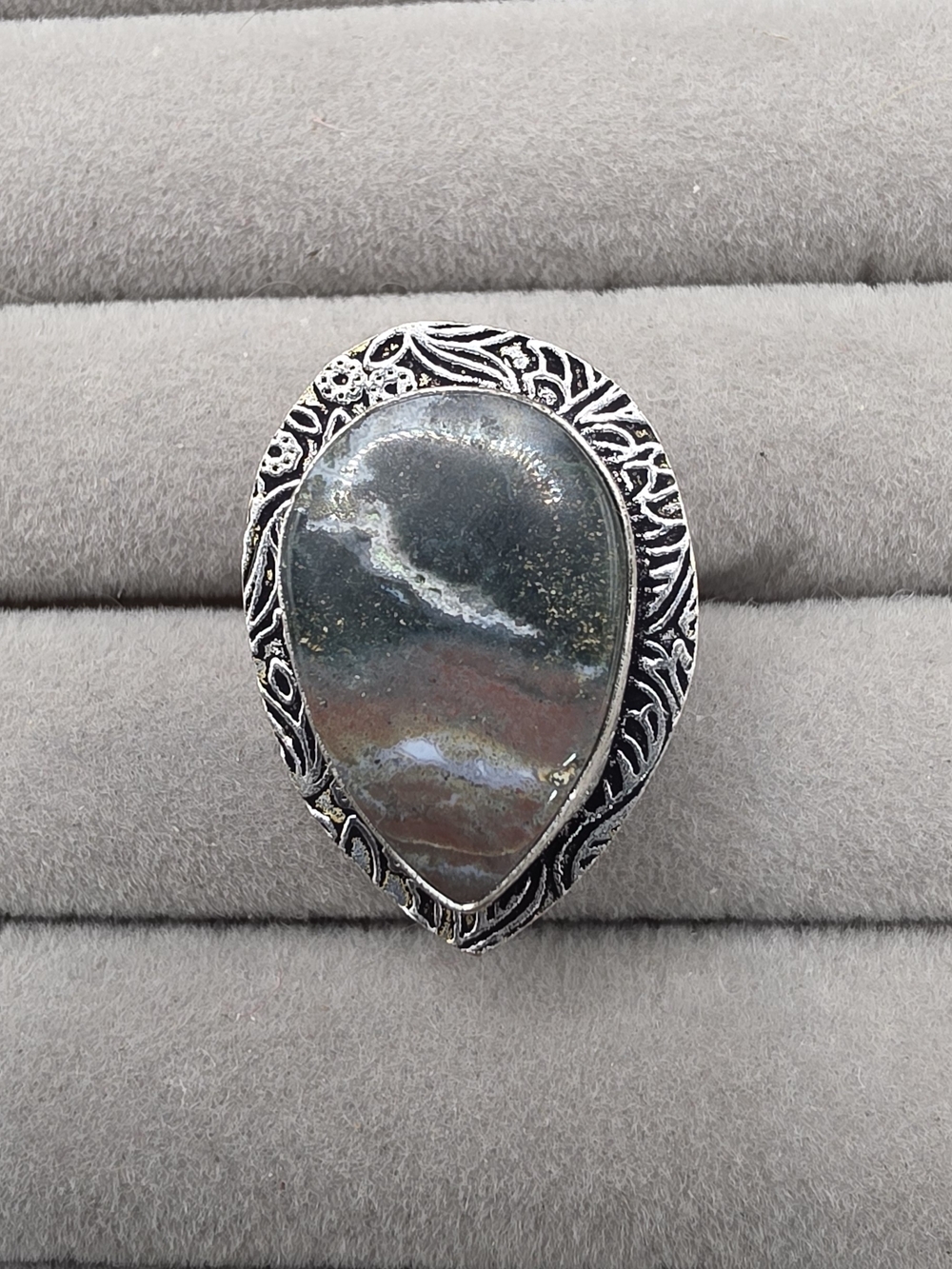 Silver Plated Teardrop Jasper Statement Ring Size 6 1/4 in Gray and Brown